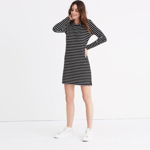 Madewell Dresses & Skirts - Madewell Shirt Dress Mini Black Stripe Keyhole Long Sleeve XL Boho Minimalist